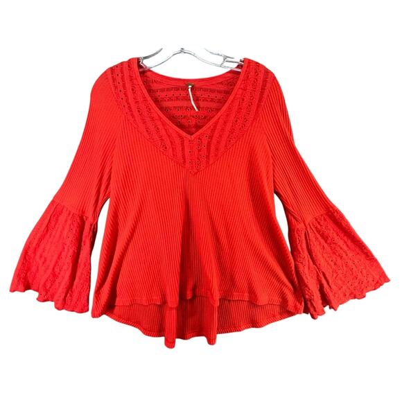 Free People Parisian Nights Top XS Red Orange Ribbed Eyelet Bell Sleeve Bohemian - Picture 2 of 14